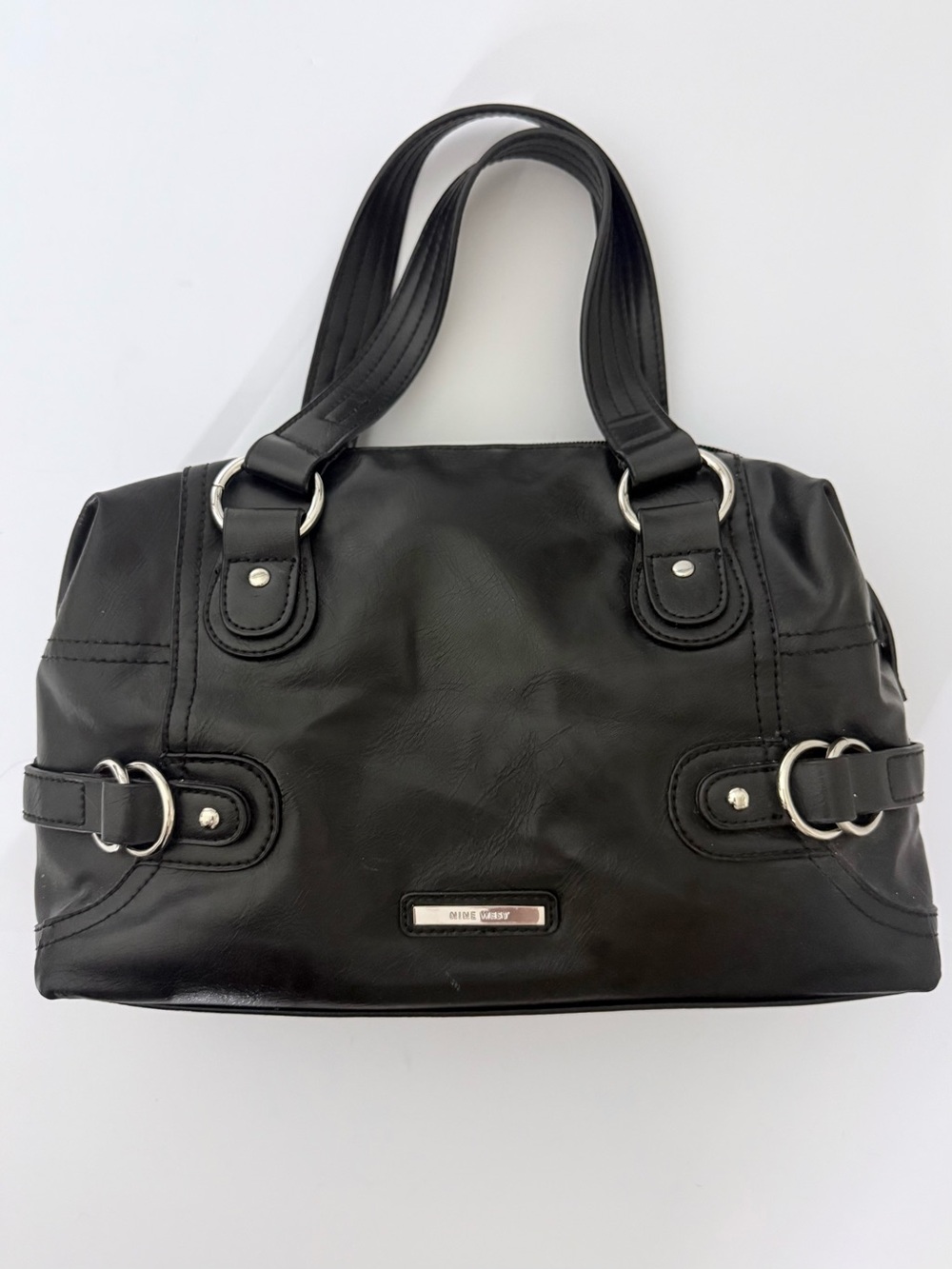 NINE WEST Black Y2K Bowling Bag Satchel Tote Silver Hardware Buckle Shoulder Bag